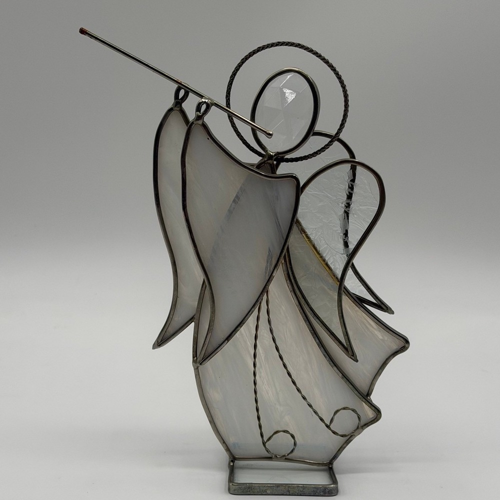 Vintage Stained Glass Trumpeting Angel Figurine Iridescent White Slag 9 Inch